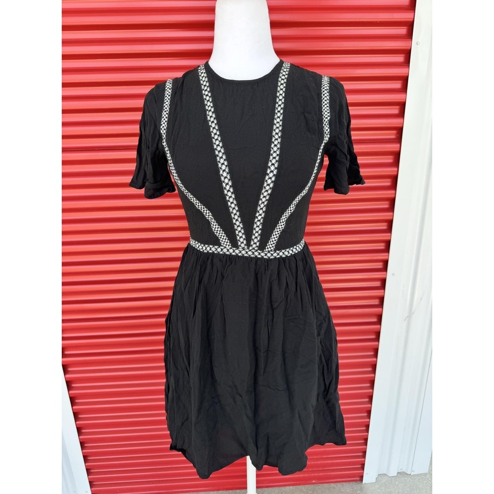 Maje Dress Womens 1 Black Embroidered Fit & Flare Mini Short Sleeve Lined Boho
